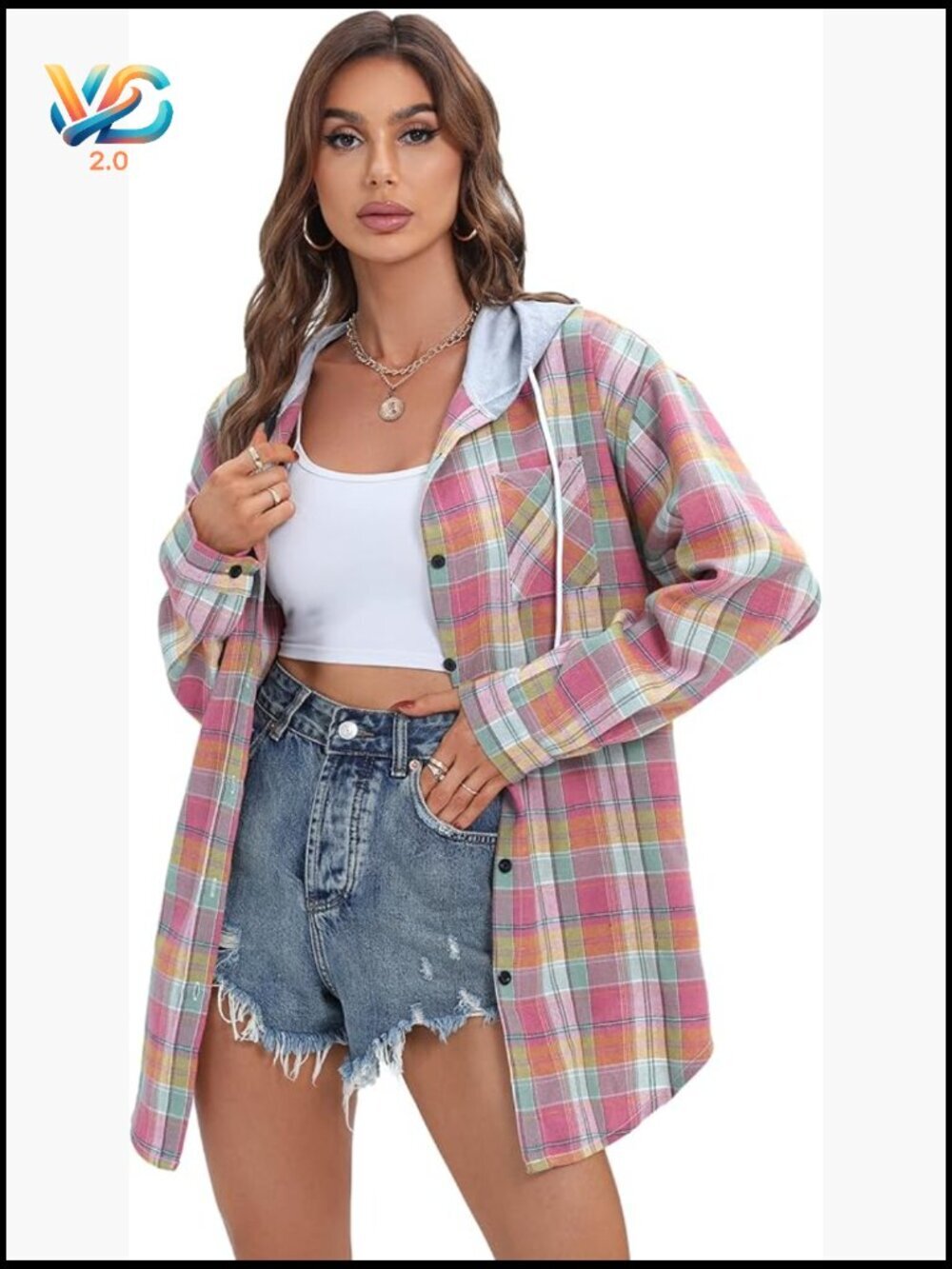 Oversized Plaid Flannel Hooded Shirt Jacket Button Down Long Sleeve